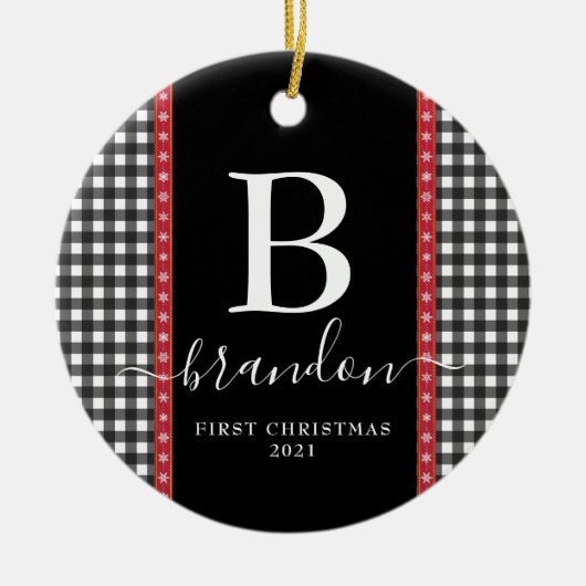 First Christmas Monogram Baby Name Buffalo Kariert Keramik Ornament (Vorne)