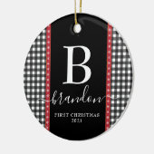 First Christmas Monogram Baby Name Buffalo Kariert Keramik Ornament (Links)