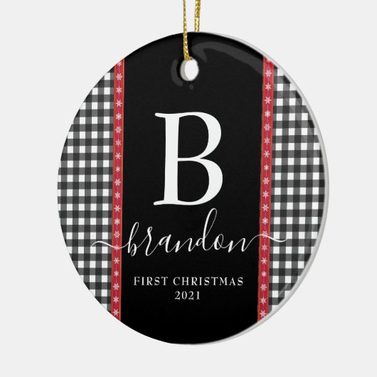 First Christmas Monogram Baby Name Buffalo Kariert Keramik Ornament (Links)