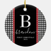 First Christmas Monogram Baby Name Buffalo Kariert Keramik Ornament (Hinten)