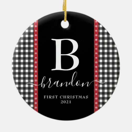 First Christmas Monogram Baby Name Buffalo Kariert Keramik Ornament (Hinten)