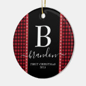 First Christmas Monogram Baby Name Buffalo Kariert Keramik Ornament (Links)