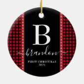 First Christmas Monogram Baby Name Buffalo Kariert Keramik Ornament (Hinten)