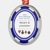 First Christmas Mr. & Mrs Blue White Poker Chip Ornament Aus Metall (Links)