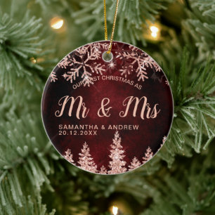 First Christmas Mr & Mrs. Rose gold Glitter snow Keramik Ornament