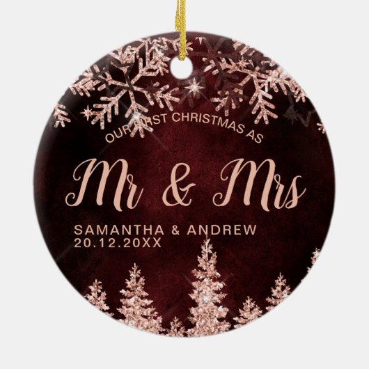First Christmas Mr & Mrs. Rose gold Glitter snow Keramik Ornament (Hinten)