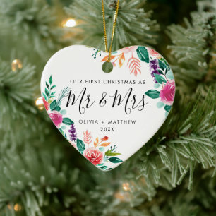 First Christmas Mr. & Mrs. Script Floral Foto Keramik Ornament