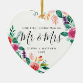 First Christmas Mr. & Mrs. Script Floral Foto Keramik Ornament (Vorne)