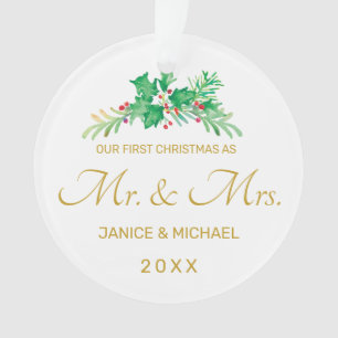 First Christmas Mr. & Mrs. Watercolor Holly Foto Ornament