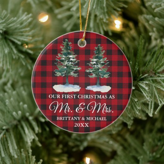 First Christmas Mr. und Mrs Two Pines Red Kariert Keramik Ornament (Baum)