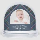 First Christmas navy holiday plaid two photo Schneekugeln (Rückseite)