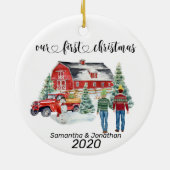 First Christmas Newlyweds Country Barn Winter Keramik Ornament (Hinten)