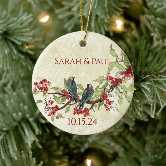 First Christmas Newlyweds Foto Love Birds Keramikornament (Baum)