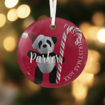 First Christmas Panda Bear Candy Cane Red