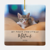 First Christmas Pet Foto Elegante Script Holiday Keramikornament (Rückseite)