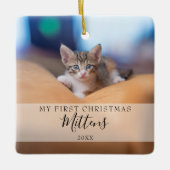 First Christmas Pet Foto Elegante Script Holiday Keramikornament (Vorderseite)