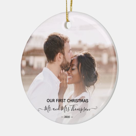First Christmas Photo Mr Mrs  Script Newlyweds  Keramik Ornament (Links)