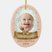 First Christmas Pink Baby Foto & Name Snow Globe Keramik Ornament (Vorne)