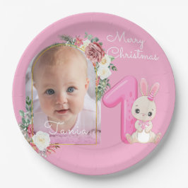 First Christmas Pink Baby Girl Photo floral Pappteller