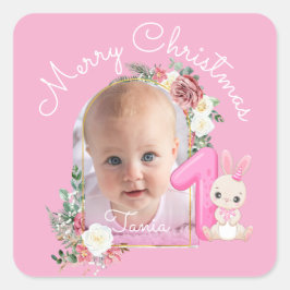 First Christmas Pink Baby Girl Photo floral Quadratischer Aufkleber