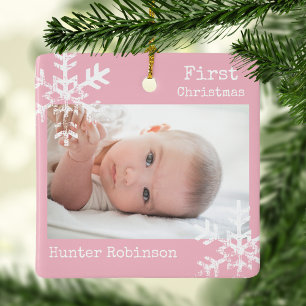 First Christmas Pink Custom Foto mit Schneeflocken Keramikornament