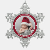 First Christmas Red Baby Foto Personalisiert Schneeflocken Zinn-Ornament (Vorderseite)
