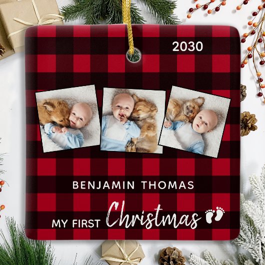 First Christmas Red Buffalo Kariert 3 Foto Baby Keramikornament