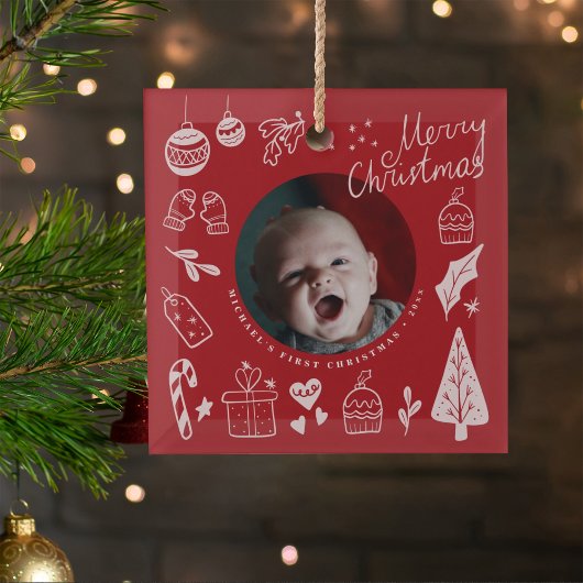 First Christmas Red Cute Hand Drawn Doodles Ornament Aus Glas
