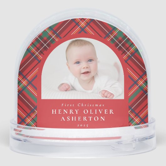 First Christmas red plaid two photo snow globe Schneekugeln (Rückseite)