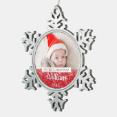 First Christmas Script Baby Foto Schneeflocken Zinn-Ornament (Rechts)