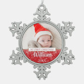 First Christmas Script Baby Foto Schneeflocken Zinn-Ornament (Vorderseite)