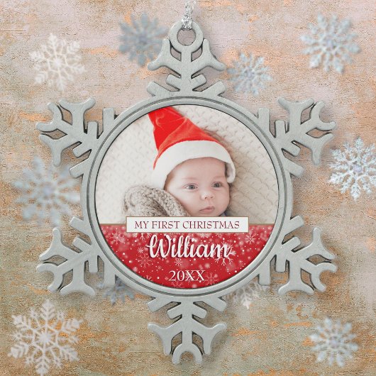First Christmas Script Baby Foto Schneeflocken Zinn-Ornament