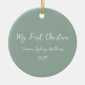 First Christmas Script Baby Photo Sage Green Keramik Ornament (Vorne)