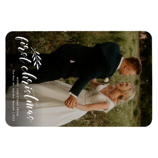 First Christmas Script Wedding Foto Holiday Card Magnet (Horizontal)