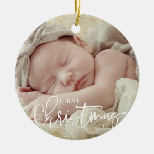 First Christmas Simple Script Custom Baby Foto Keramik Ornament (Vorne)