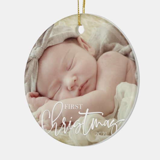 First Christmas Simple Script Custom Baby Foto Keramik Ornament (Links)