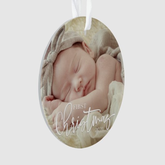 First Christmas Simple Script Custom Baby Foto Ornament (Vorderseite)