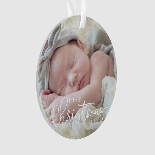 First Christmas Simple Script Custom Baby Foto Ornament (Vorderseite)