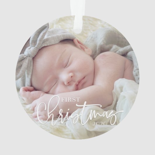 First Christmas Simple Script Custom Baby Foto Ornament (Rückseite)