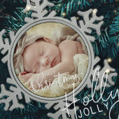 First Christmas Simple Script Custom Baby Foto Schneeflocken Zinn-Ornament
