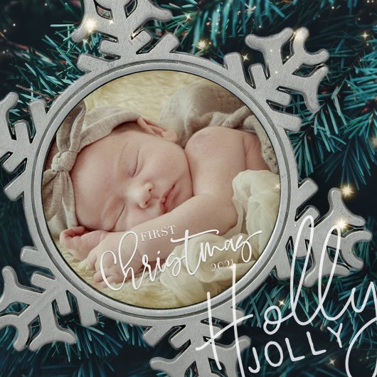 First Christmas Simple Script Custom Baby Foto Schneeflocken Zinn-Ornament