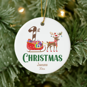 First Christmas Sleigh Rentier Name Colorful Keramik Ornament