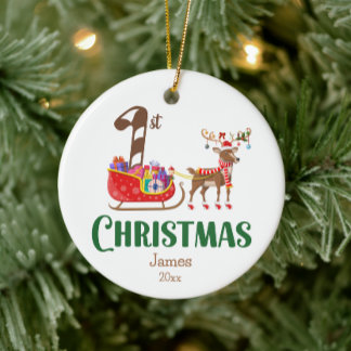 First Christmas Sleigh Rentier Name Colorful Keramik Ornament