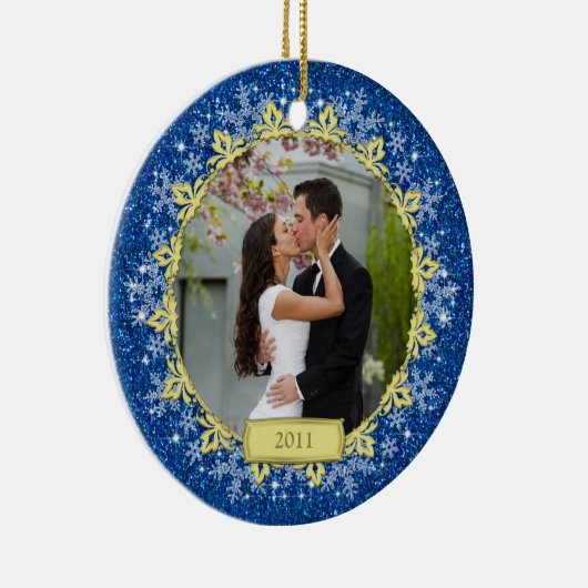 First Christmas Together Blue Snowflake Foto Keramik Ornament (Rechts)