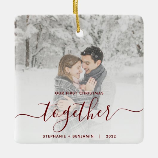 First Christmas Together Custom Foto Red Script C Keramikornament (Vorderseite)