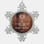 First Christmas together love tree rustic wood Schneeflocken Zinn-Ornament (Vorderseite)