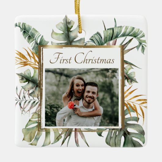 First Christmas Tropical Elegant Palms Fotograph Keramikornament (Vorderseite)