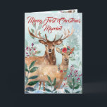 "First Christmas Verheiratet" Moderne Blumenfarbe Feiertagskarte<br><div class="desc">"Merry First Christmas Verheiratet" ist eine Weihnachtsschneeszene mit einem Buck und Doe. Sie ist geschmückt mit Weihnachten Floral Headpiece und Necklace. Sie wohnen inmitten von Tannen, Laub und Beeren und schaffen eine zauberhafte, weihnachtliche Umgebung aus Holz. Jedes Element ist sorgfältig handgemalt in Wasserfarben und individuell platziert. Die beliebte, moderne, minimale...</div>