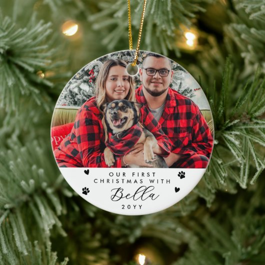 First Christmas with Dog Name and Photo Keramik Ornament (Baum)