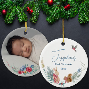 First Christmas Woodland Animal Baby Foto Keramik Ornament